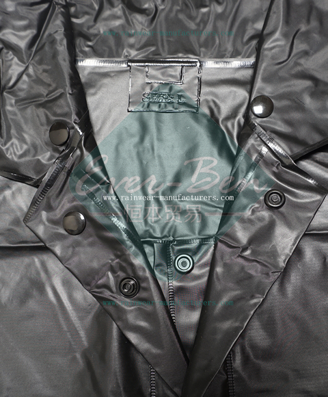 Black Strong reusable pvc rain gear front fly collar-black plastic raincoat